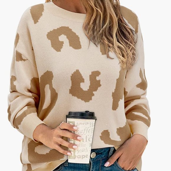 Casual Leopard Print Sweater Loose Long Sleeve Crew Neck Knit Pullover Tops - Picture 1 of 5